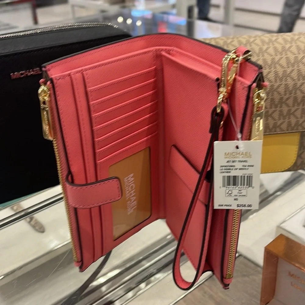 MICHAEL KORS LARGE DOUBLE ZIP WRISTLET WALLET PHONE CASE CLUTCH Tea Rose NWT